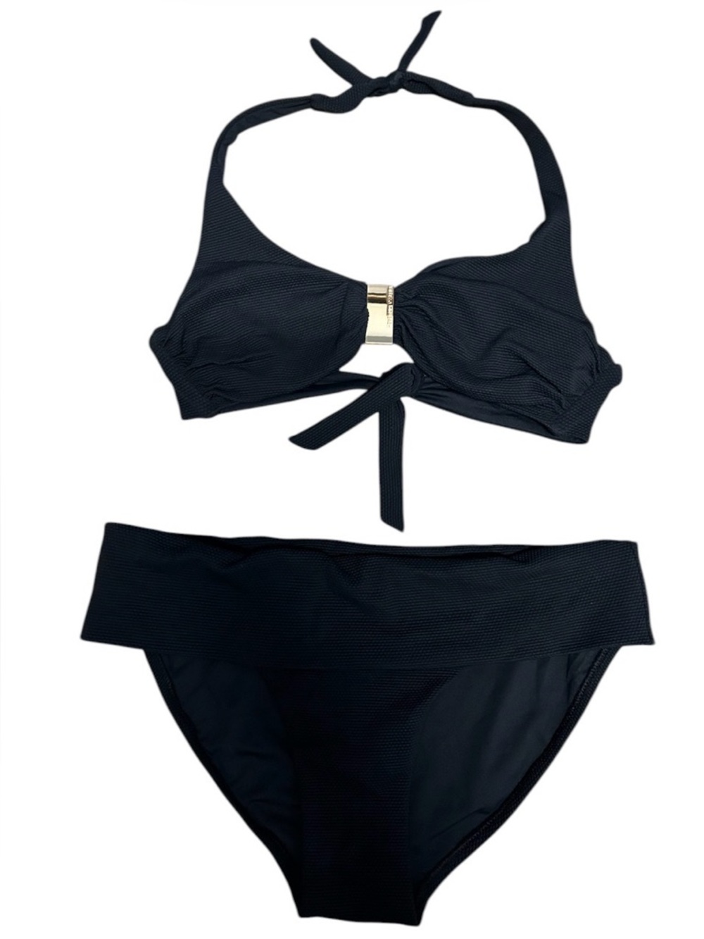Melissa Odabash Black Texture Halter Bikini Set with Gold Accent Sz 6